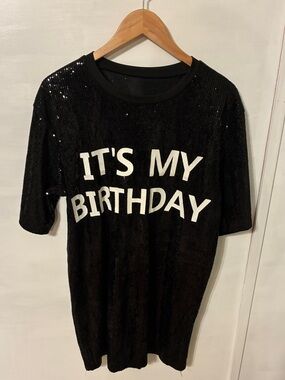 Black Sequin Short Sleeve Dress — 'It's My Birthday'